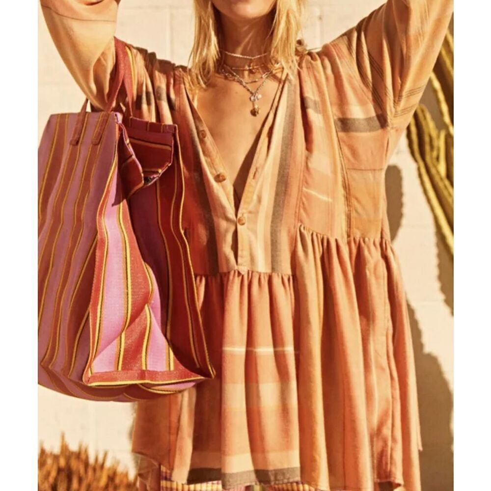 Free People Sunset Ruffled Hem With Pockets Striped Oversized Shirt Dress Small